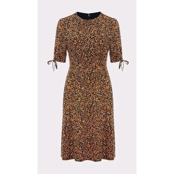 Hobbs Long Midi Samantha Dress Half Sleeve Full Pattern UK14 US M Orange Navy - Picture 2 of 13